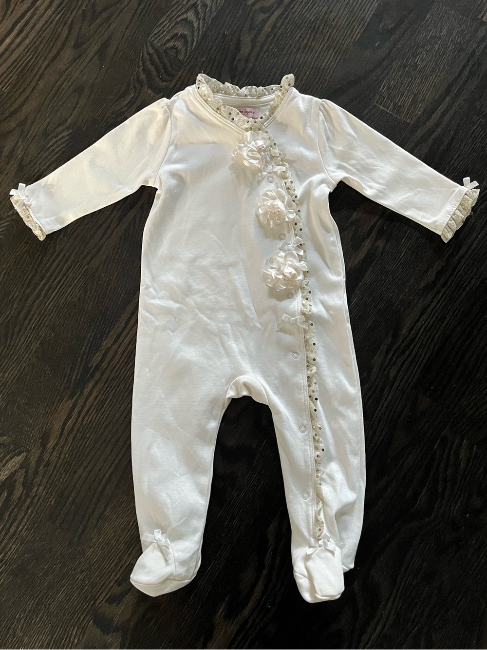 Nanette Lepore White Floral-Appliqué Footed Sequin Trim One-Piece 6-9M